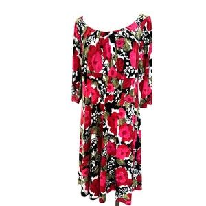 dressbarn Red Foral Midi Dressl3/4 Sleeve Size 14